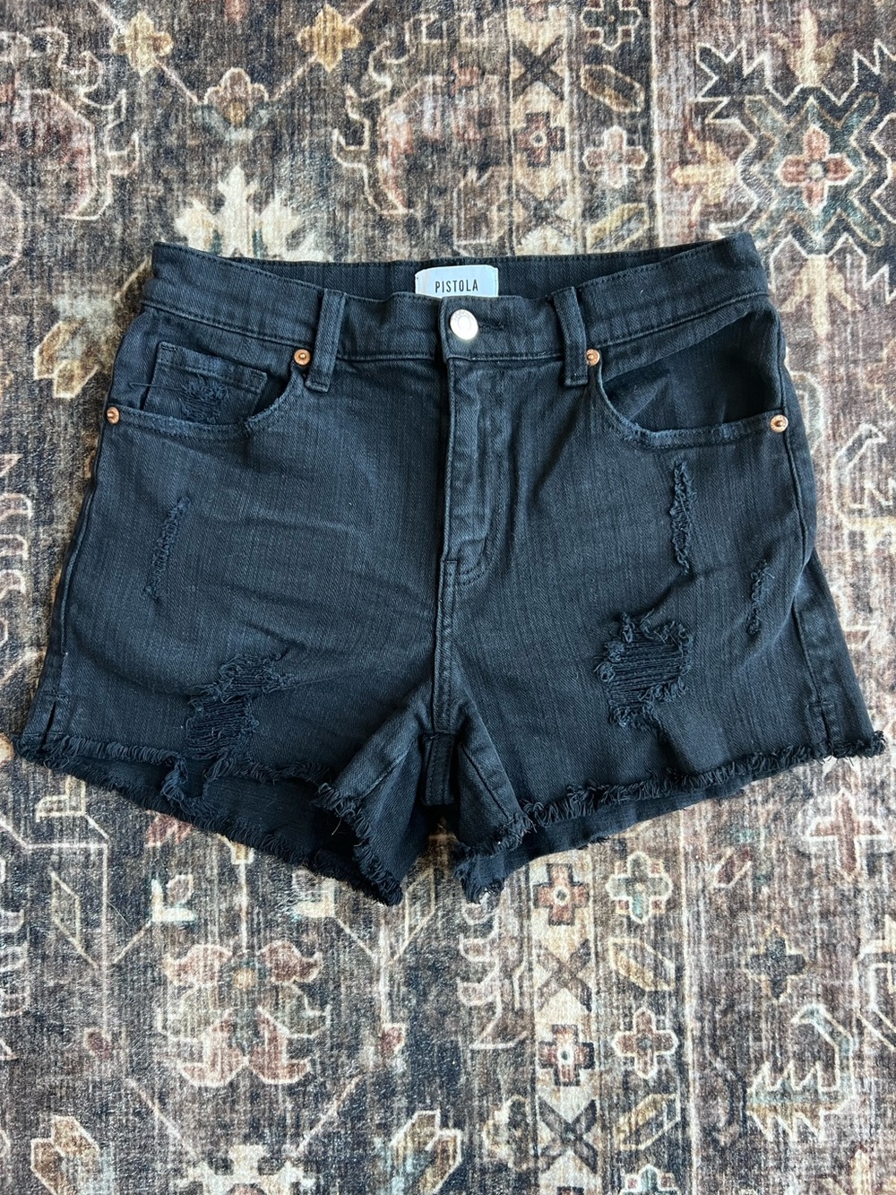 Pistola Denim Shorts Size 26 Black Distressed Mid Rise Cutoff Raw Hem Stretch